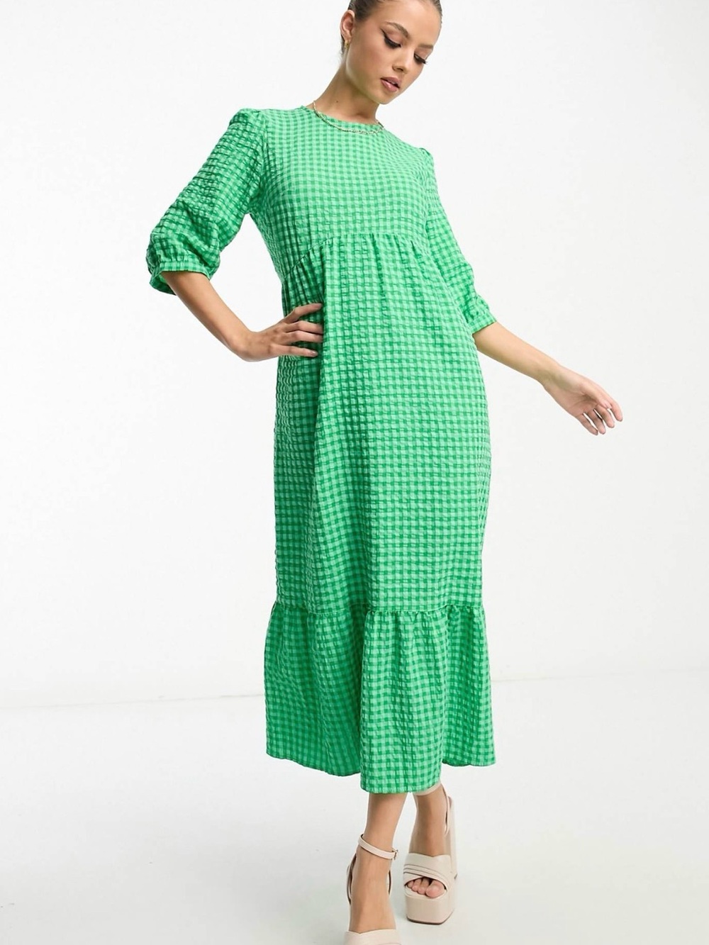 Nobody’s Child Bright Green Check Midi Dress with Ruffled Hem